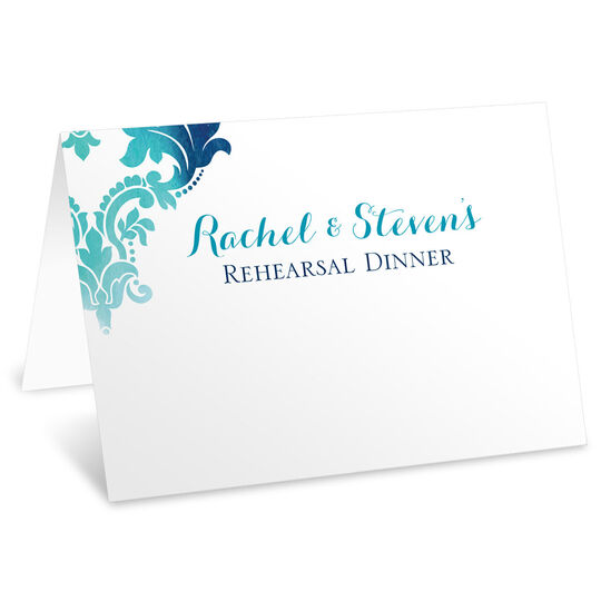 Teal Watercolor Damask Folded Place Cards